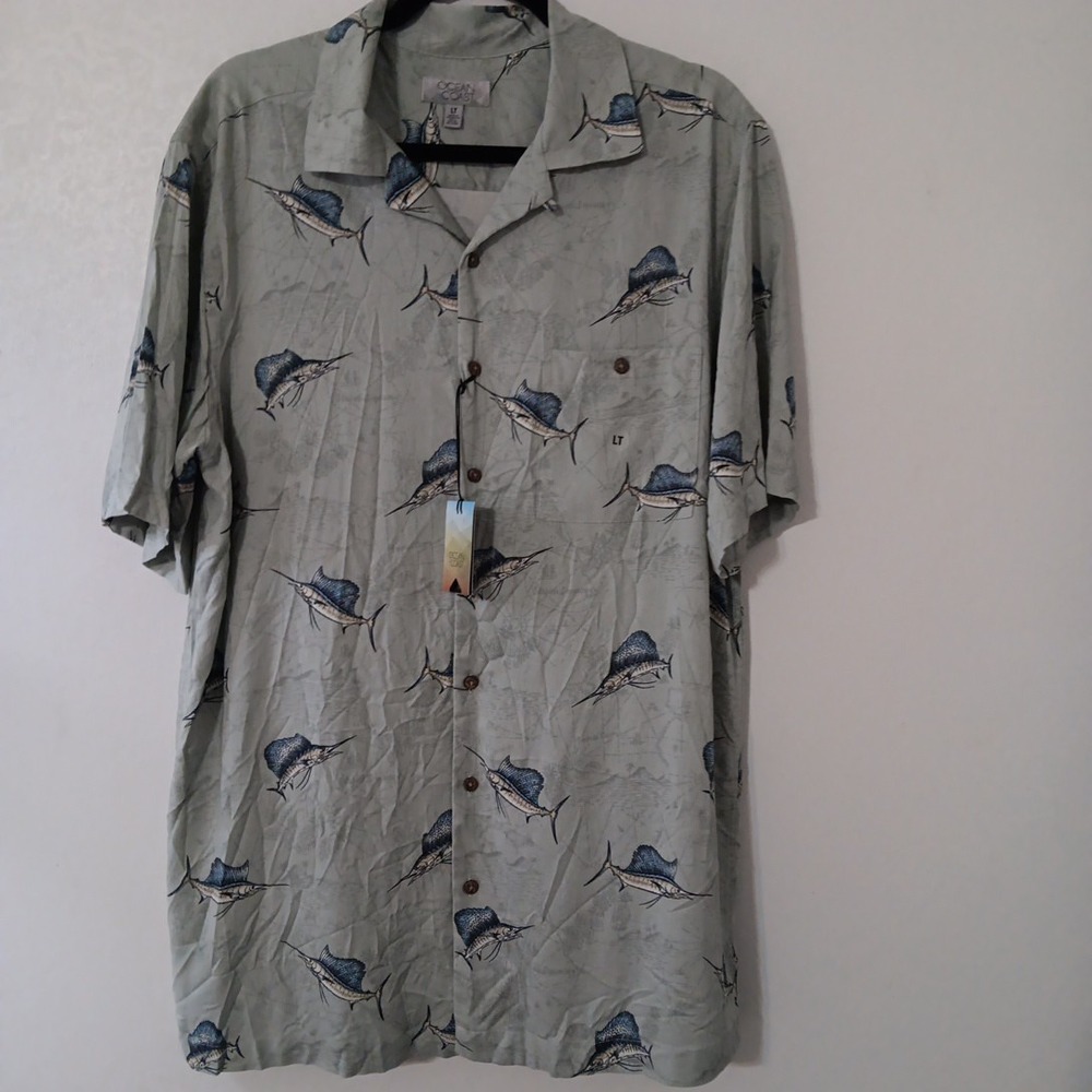 Ocean + Coast Men's  Button-up‎ Shirt - NWT- Sz LT Iron Gray w/ Fish